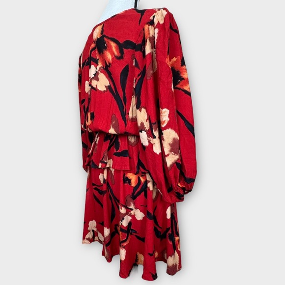 Band of the Free Floral Print Mini Dress Red Black Peplum Long Sleeve Size S NWT - Picture 9 of 10